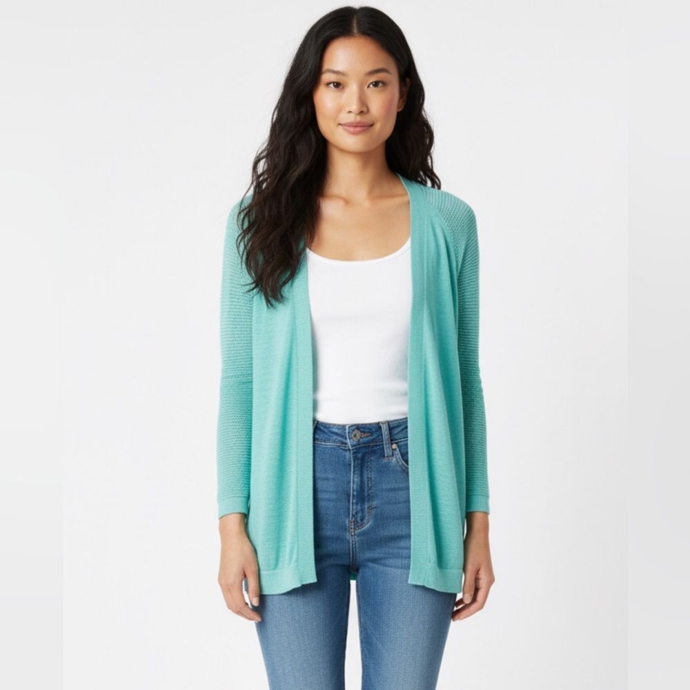 Soma Aruba Blue Open Front Pointelle Three Quarter Sleeve Cardigan